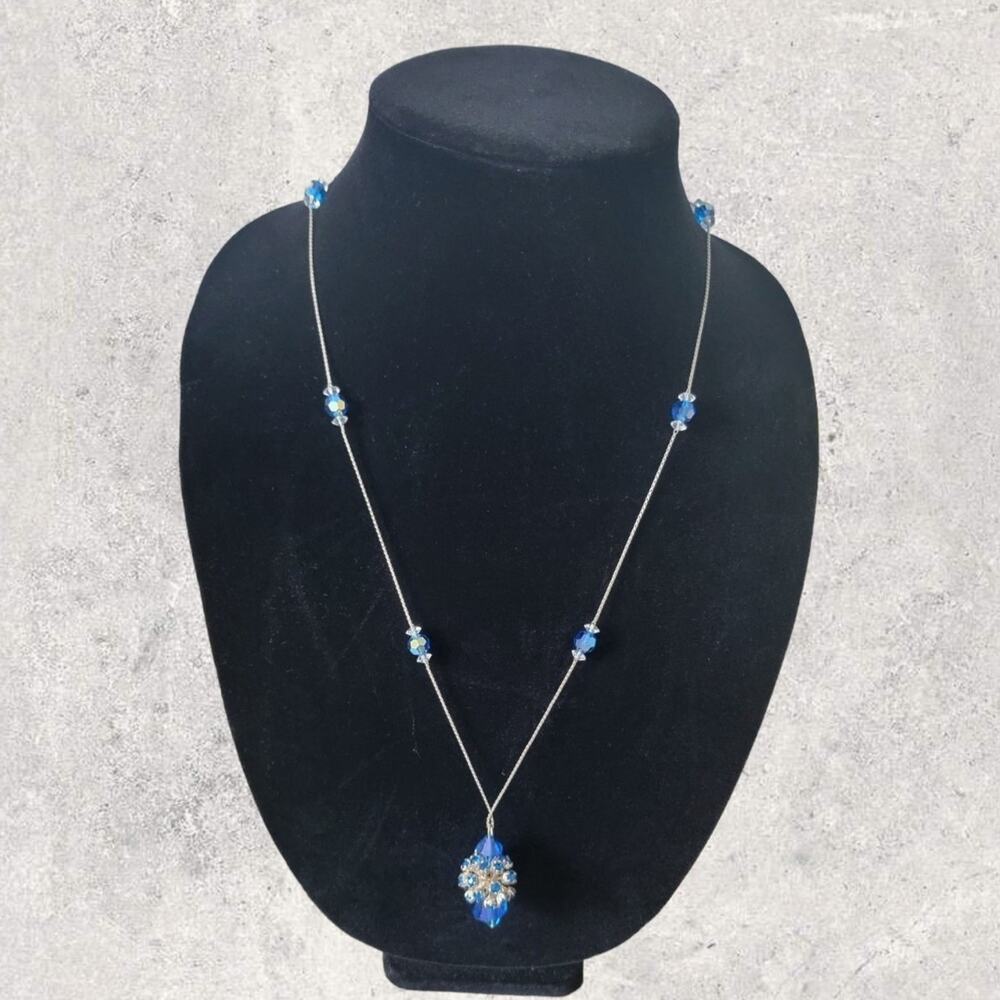 Vintage Blue Rhinestone Crystal Aurora Borealis Glass Bead Pendant Necklace